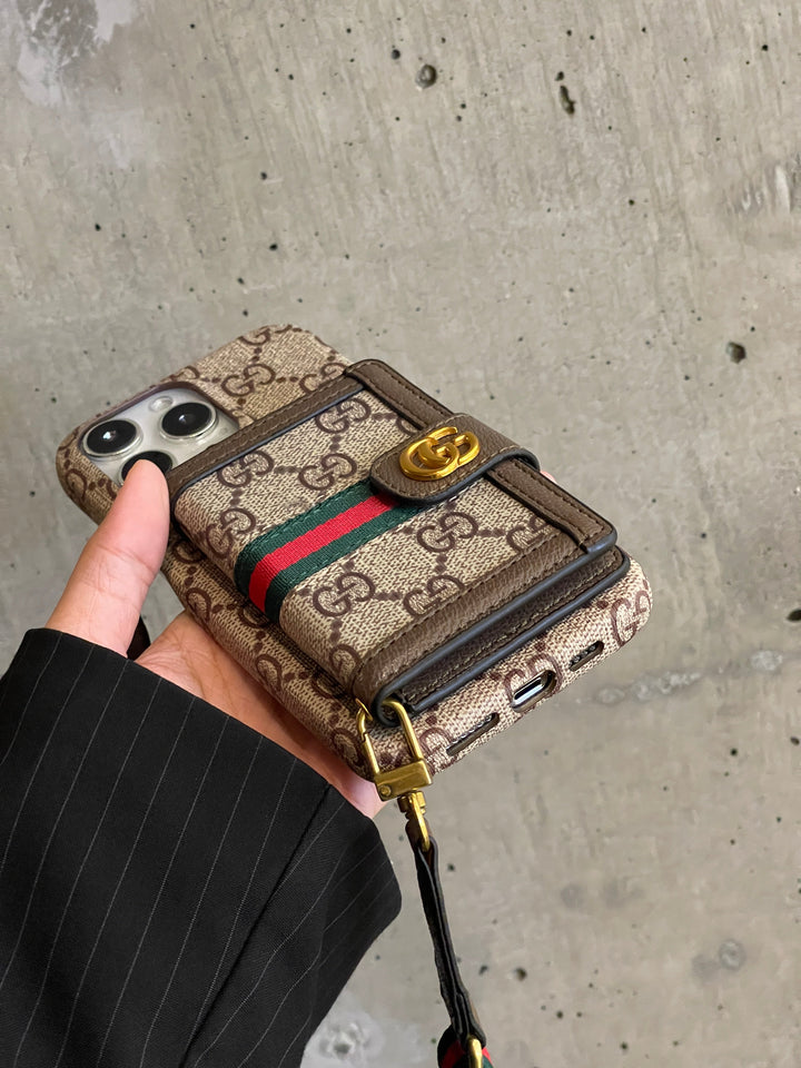 Gucci Luxurious leather iPhone Case With Wallet And Crossbody